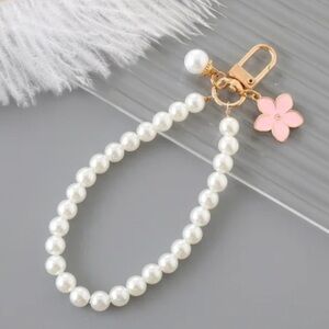 Pearl Beaded Wristlet Keychain / Purse Charm with Pink Flower